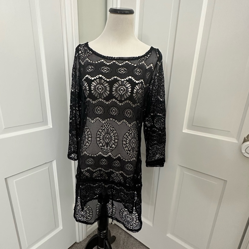 NWT! Ralph Lauren Sheer Swimsuit Cover up Black Lace M Bathing Coverup